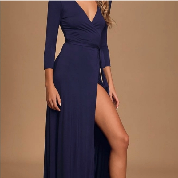 NWT Lulu's Garden District Navy Wrap Maxi Stretchy Dress Size Medium Slit - Picture 3 of 11